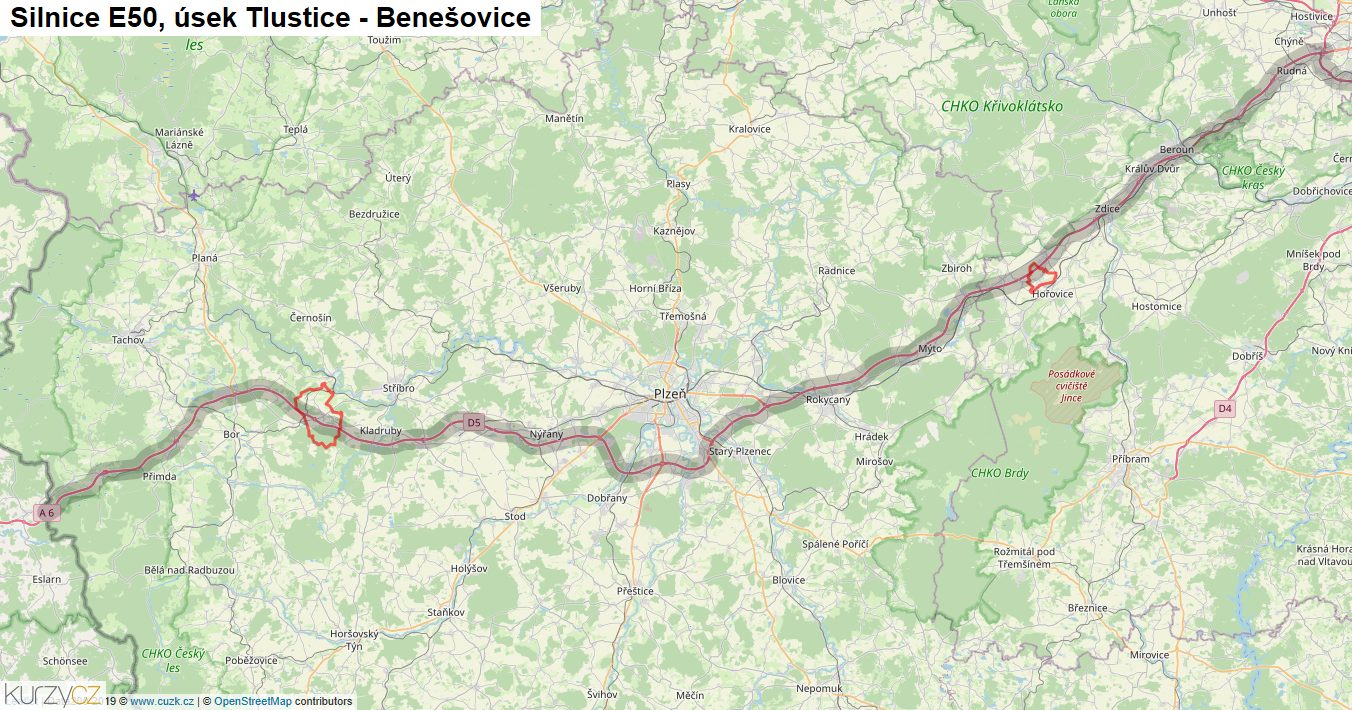 Úsek Tlustice - Benešovice, Silnice E50 - Mapa