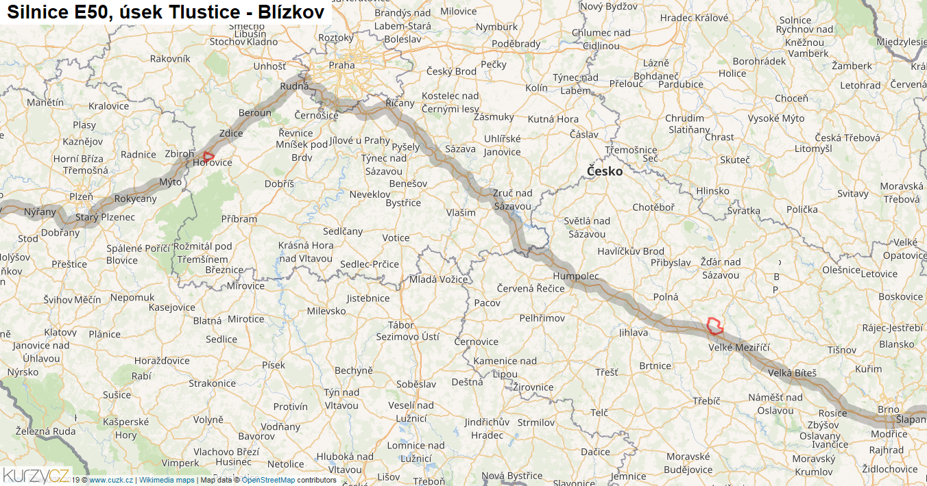 Úsek Tlustice - Blízkov, Silnice E50 - Mapa