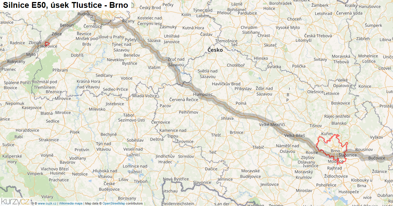 Úsek Tlustice - Brno, Silnice E50 - Mapa