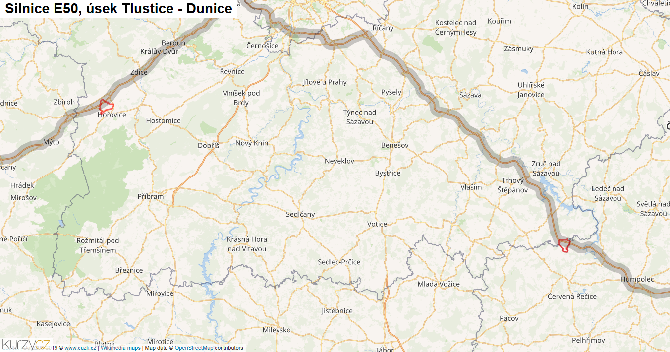 Úsek Tlustice - Dunice, Silnice E50 - Mapa