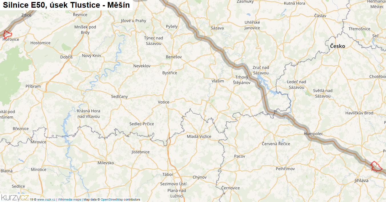 Úsek Tlustice - Měšín, Silnice E50 - Mapa