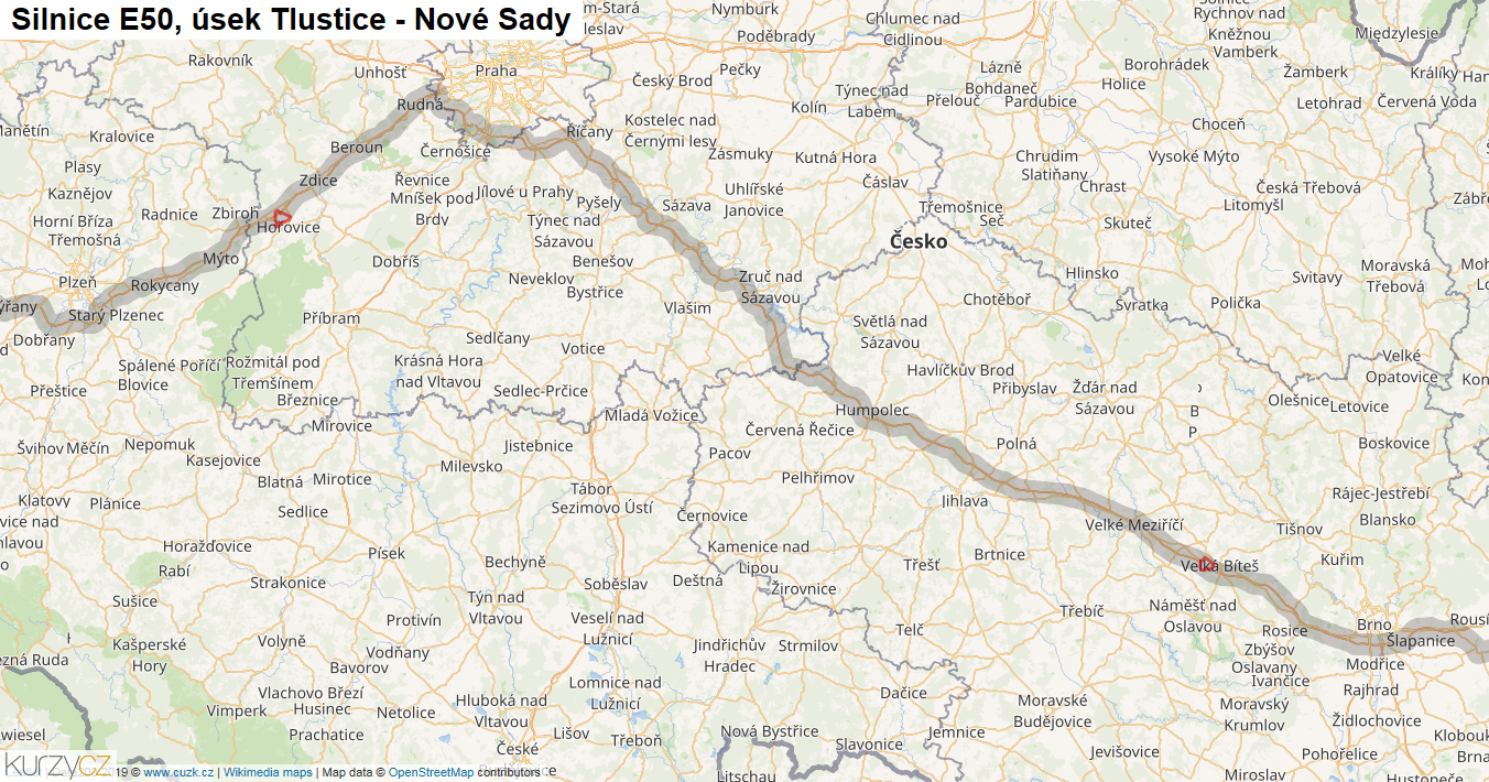 Úsek Tlustice - Nové Sady, Silnice E50 - Mapa
