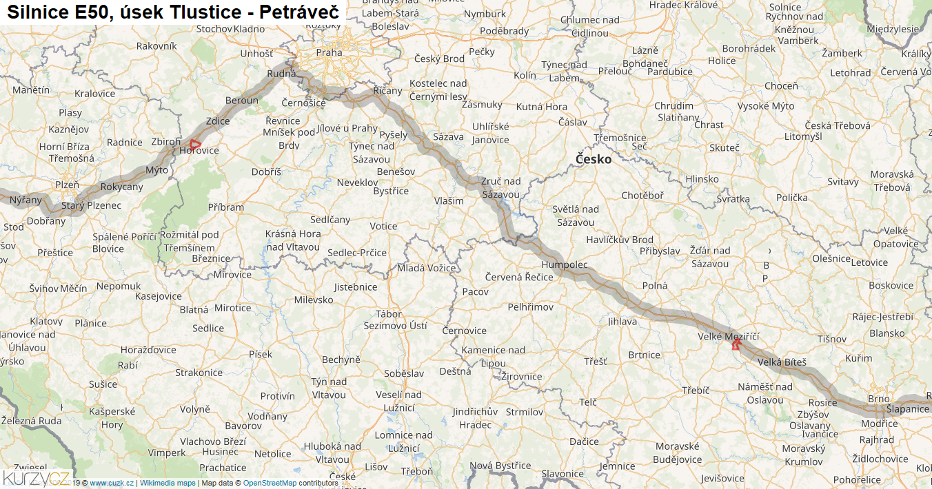 Úsek Tlustice - Petráveč, Silnice E50 - Mapa
