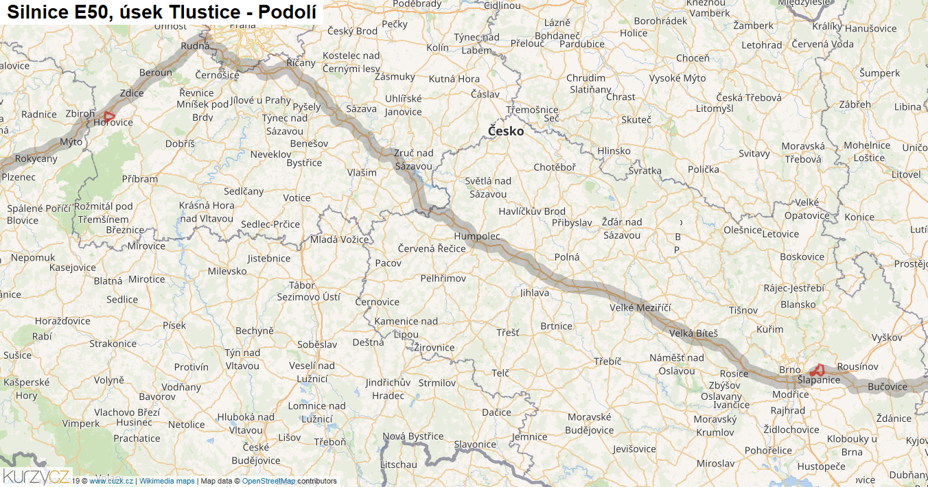 Úsek Tlustice - Podolí, Silnice E50 - Mapa
