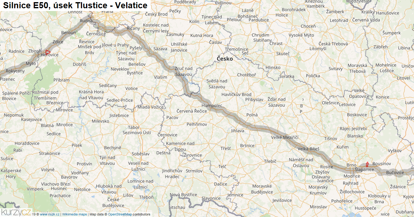 Úsek Tlustice - Velatice, Silnice E50 - Mapa