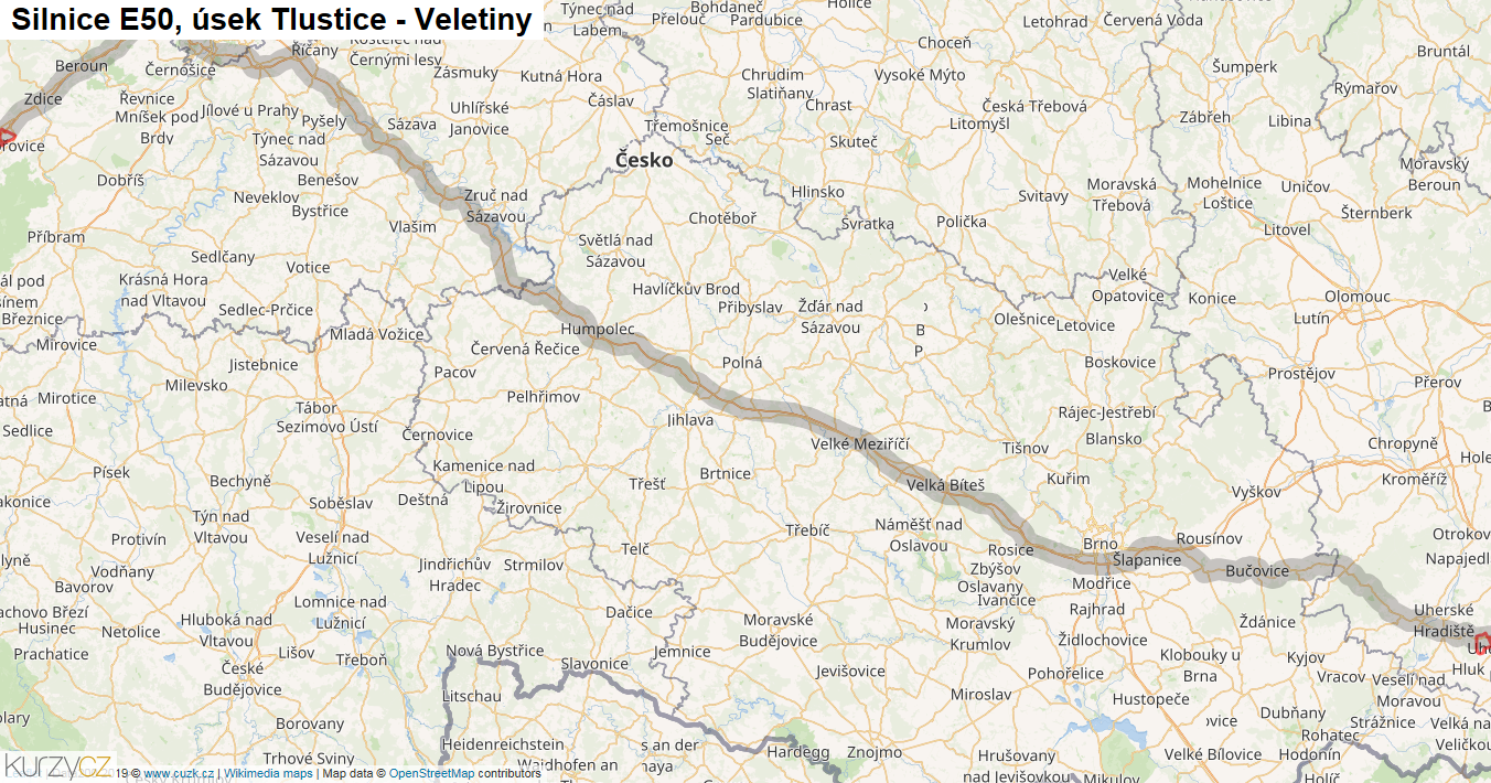 Úsek Tlustice - Veletiny, Silnice E50 - Mapa