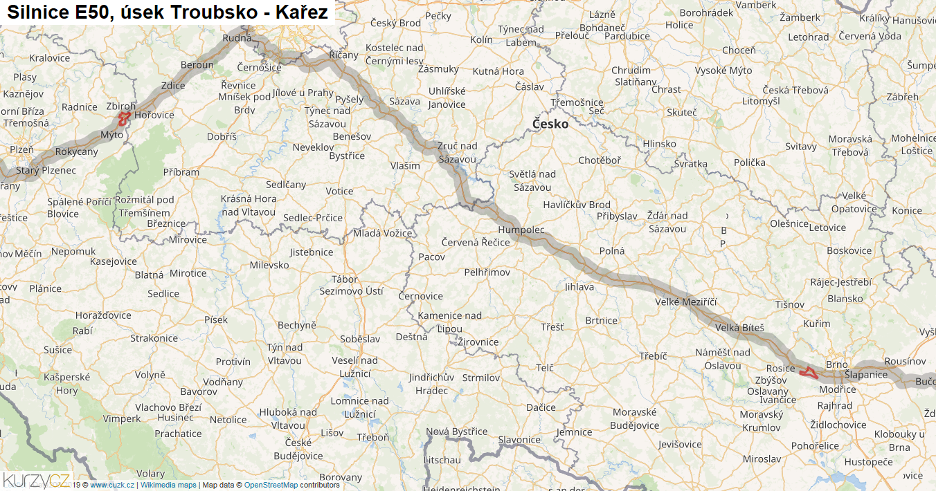 Úsek Troubsko - Kařez, Silnice E50 - Mapa