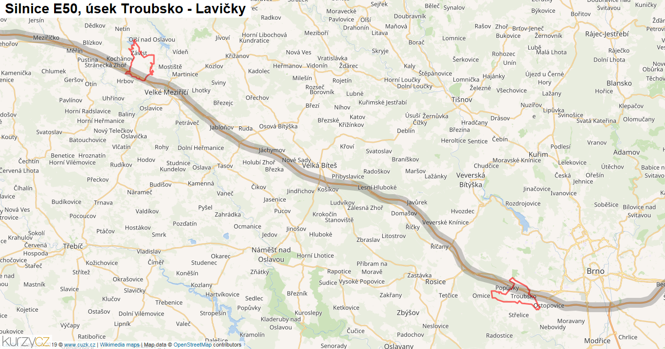Úsek Troubsko - Lavičky, Silnice E50 - Mapa
