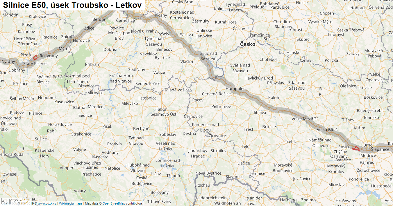 Úsek Troubsko - Letkov, Silnice E50 - Mapa
