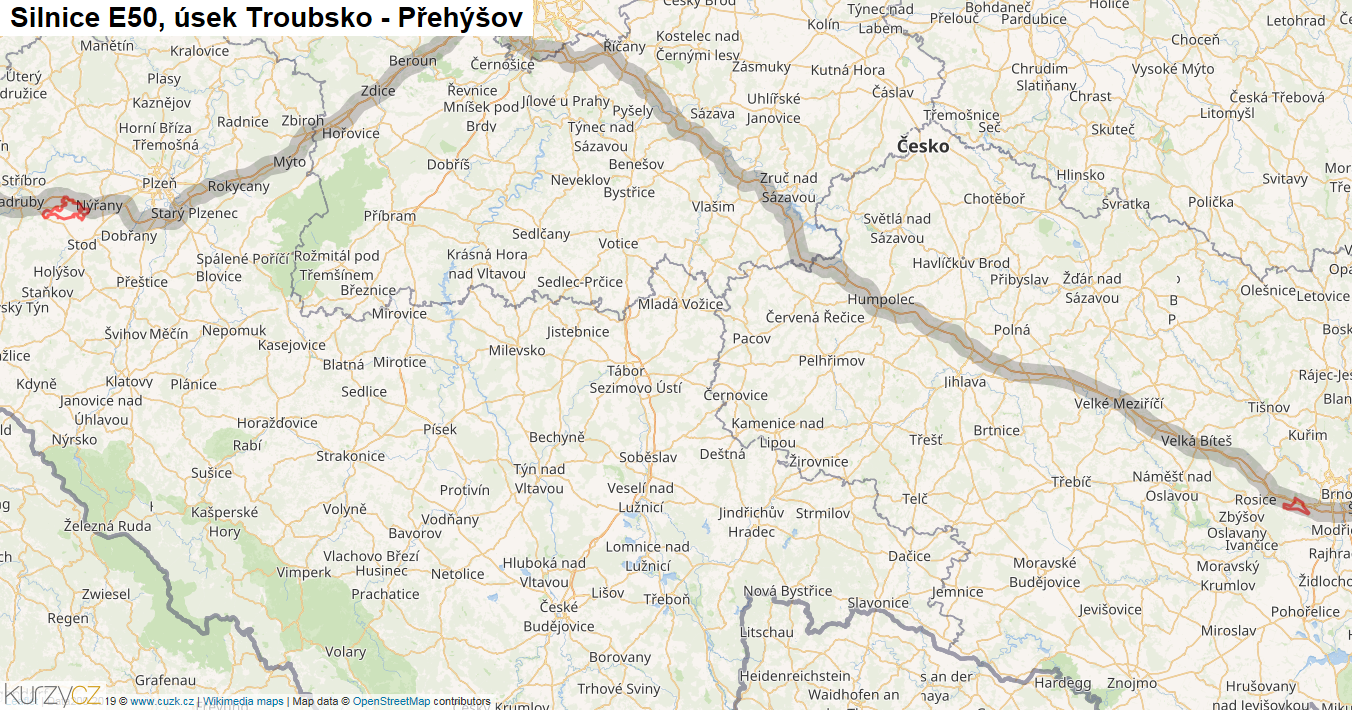 Úsek Troubsko - Přehýšov, Silnice E50 - Mapa