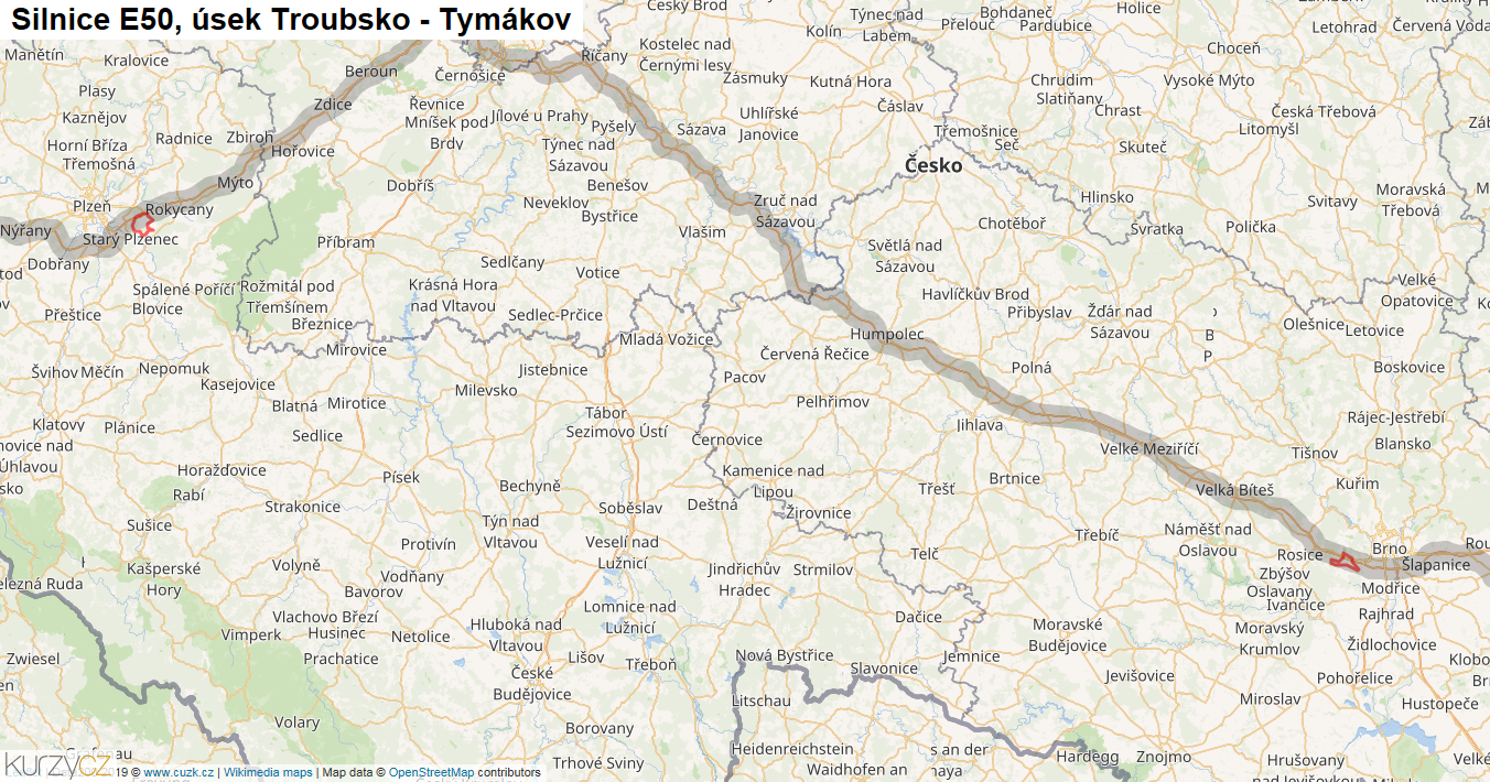 Úsek Troubsko - Tymákov, Silnice E50 - Mapa