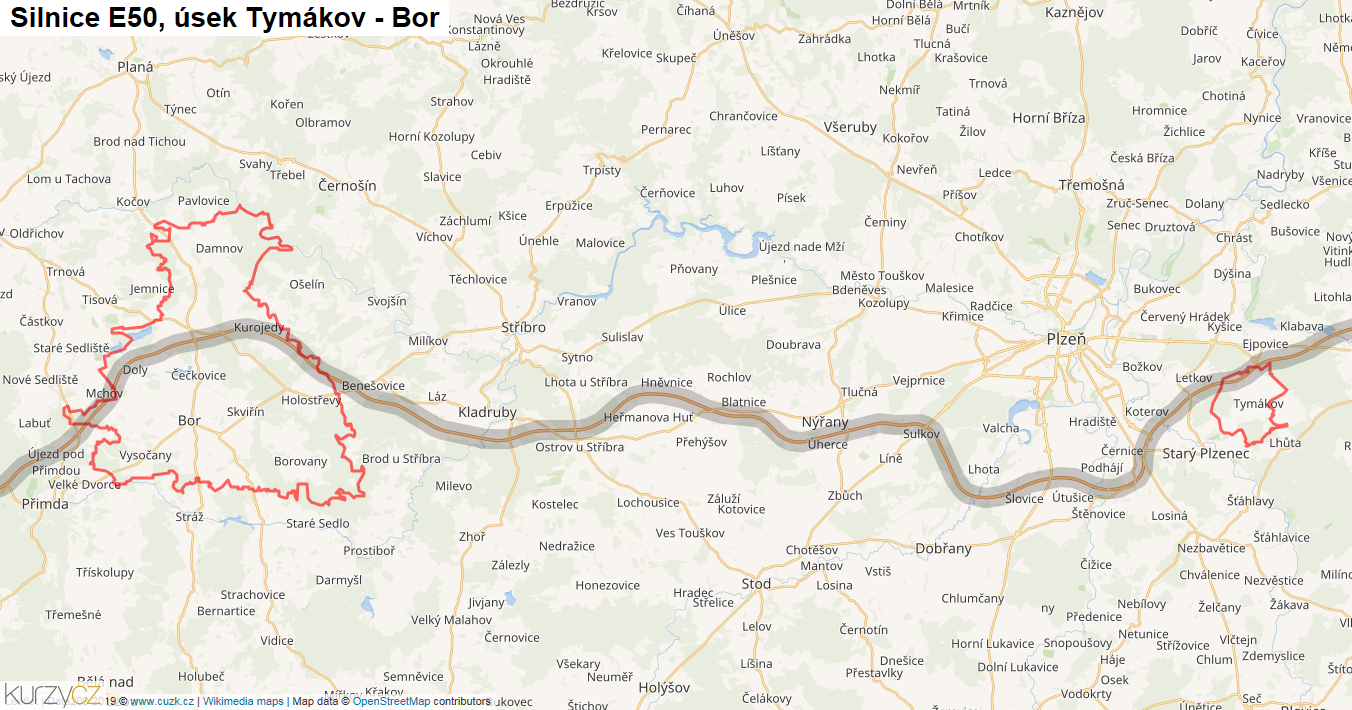 Úsek Tymákov - Bor, Silnice E50 - Mapa