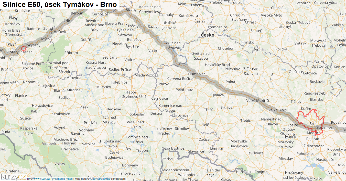 Úsek Tymákov - Brno, Silnice E50 - Mapa