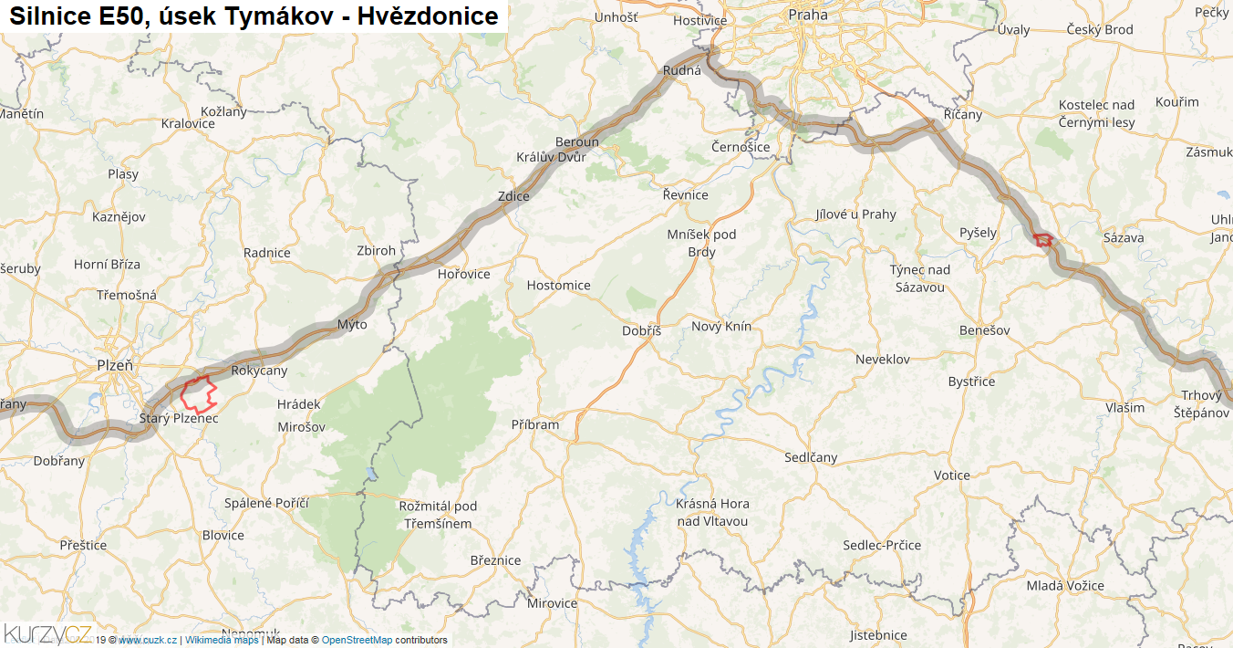 Úsek Tymákov - Hvězdonice, Silnice E50 - Mapa
