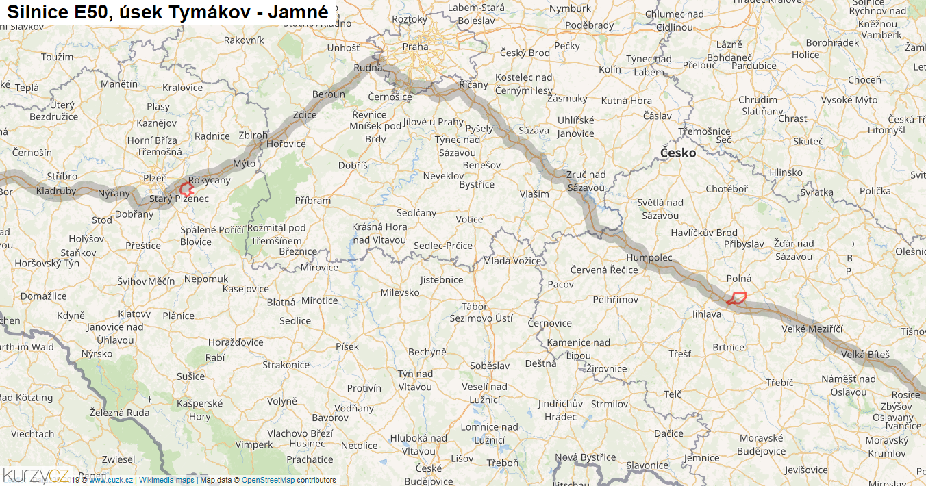Úsek Tymákov - Jamné, Silnice E50 - Mapa