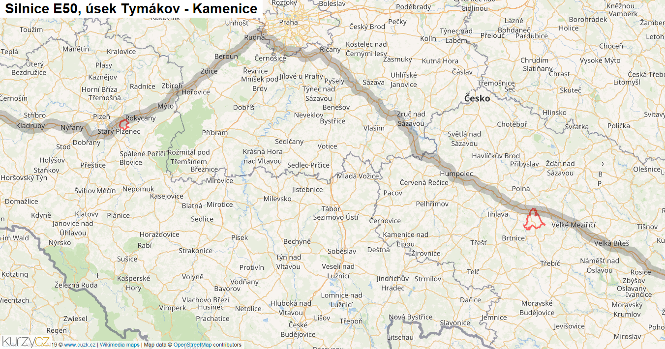 Úsek Tymákov - Kamenice, Silnice E50 - Mapa
