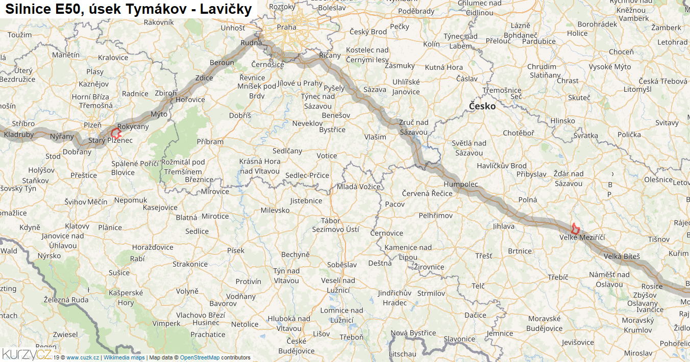 Úsek Tymákov - Lavičky, Silnice E50 - Mapa