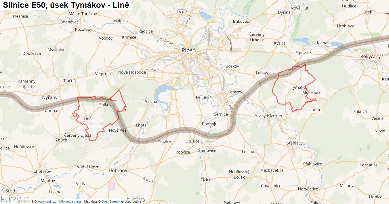 Úsek Tymákov - Líně, Silnice E50 - Mapa