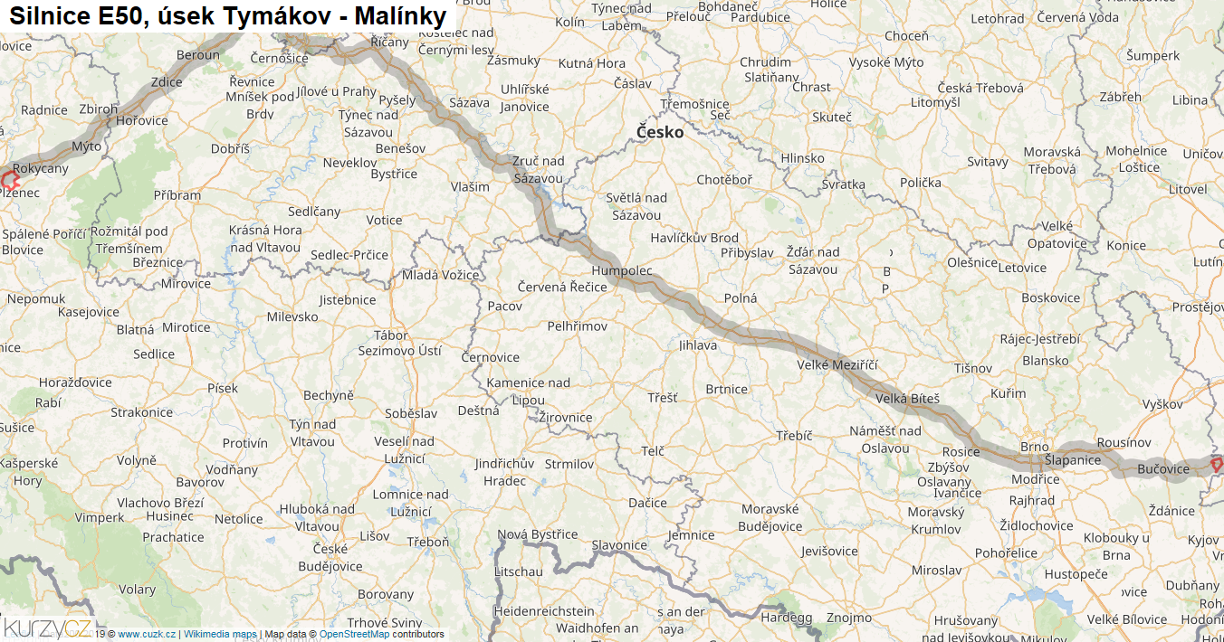 Úsek Tymákov - Malínky, Silnice E50 - Mapa