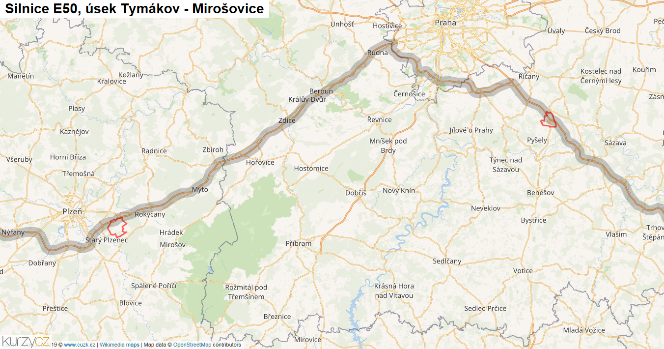 Úsek Tymákov - Mirošovice, Silnice E50 - Mapa