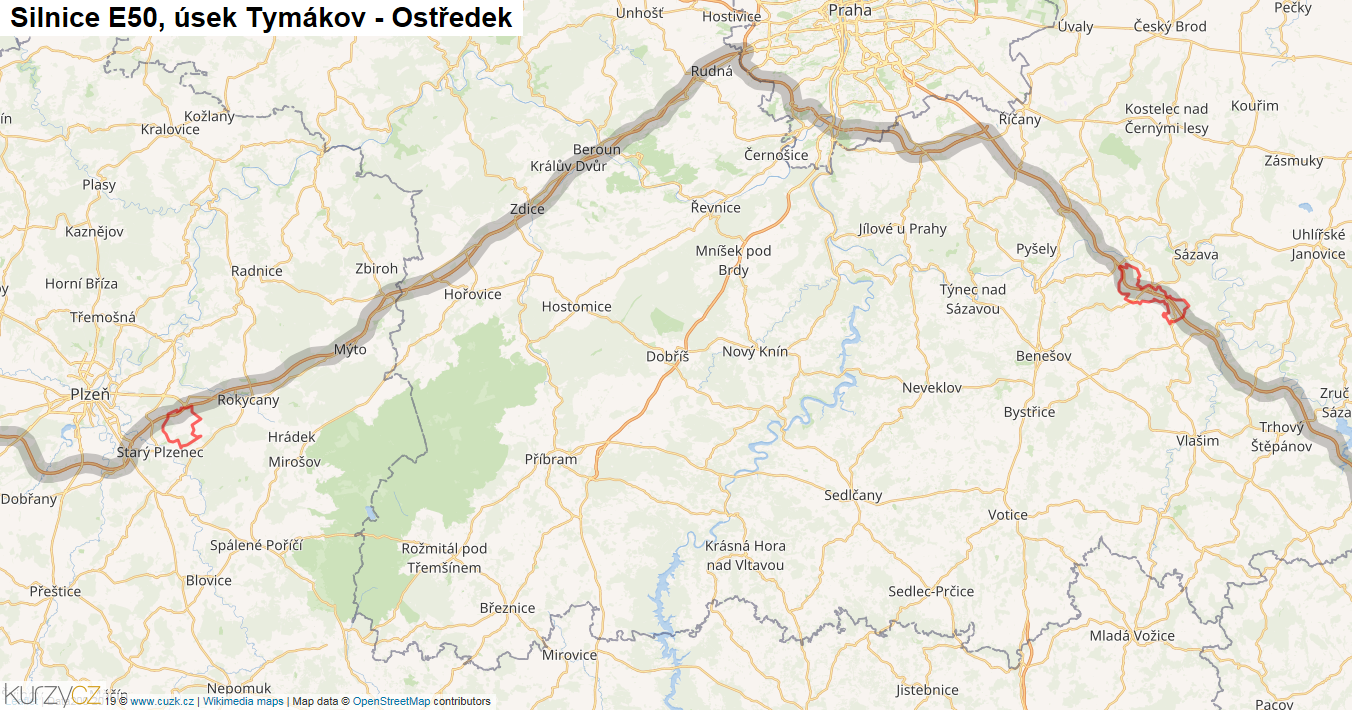 Úsek Tymákov - Ostředek, Silnice E50 - Mapa