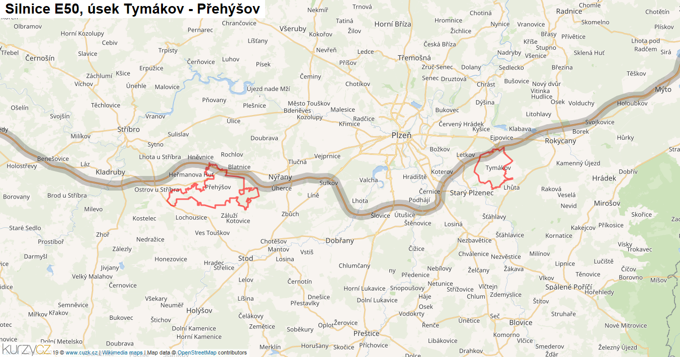 Úsek Tymákov - Přehýšov, Silnice E50 - Mapa