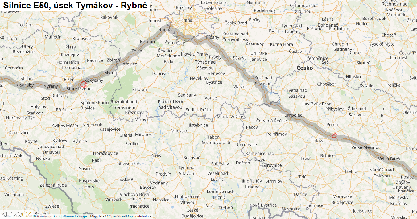 Úsek Tymákov - Rybné, Silnice E50 - Mapa