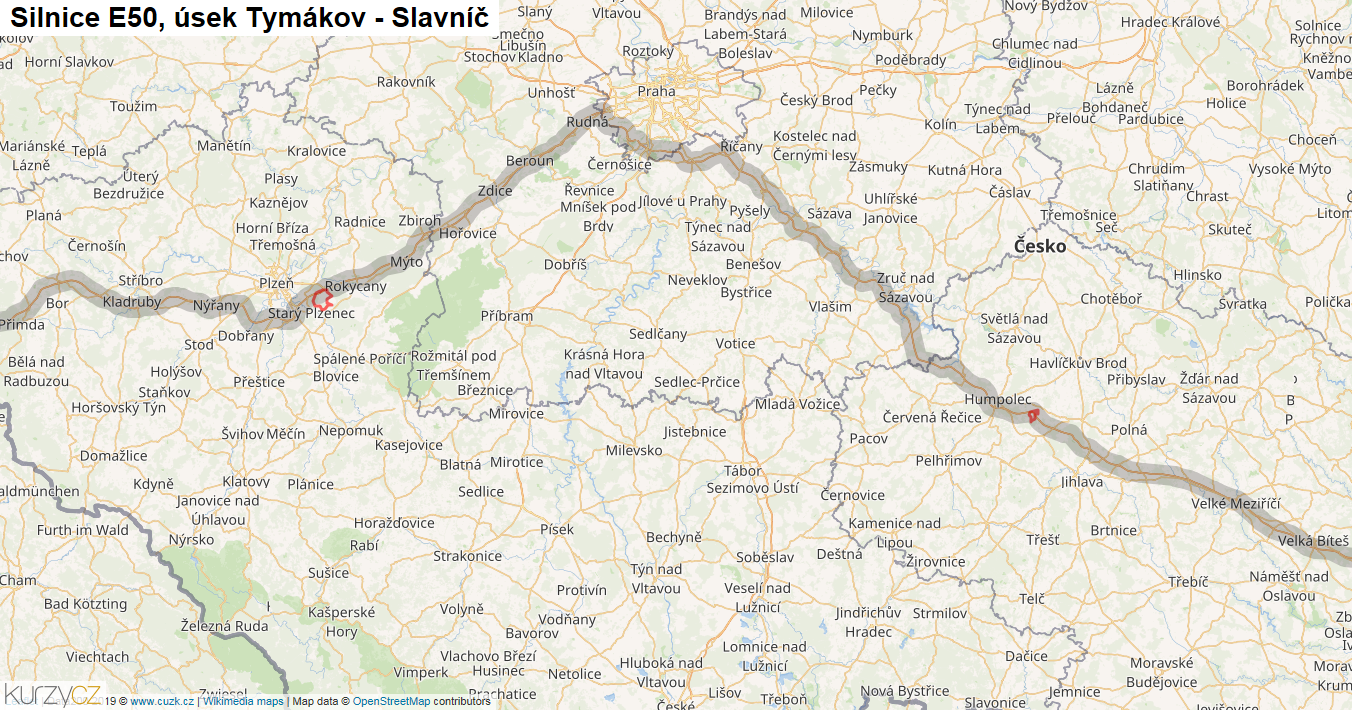 Úsek Tymákov - Slavníč, Silnice E50 - Mapa