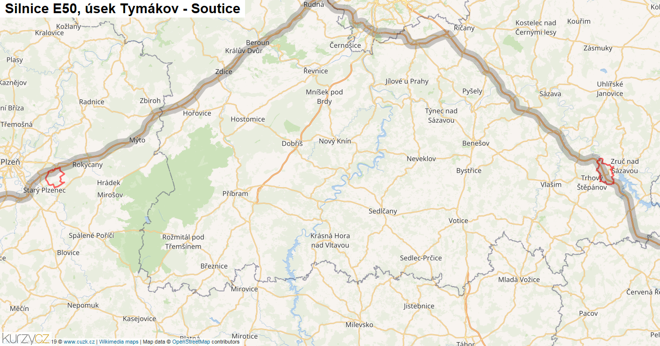 Úsek Tymákov - Soutice, Silnice E50 - Mapa
