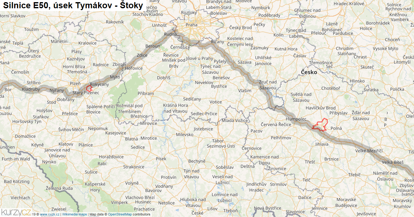 Úsek Tymákov - Štoky, Silnice E50 - Mapa