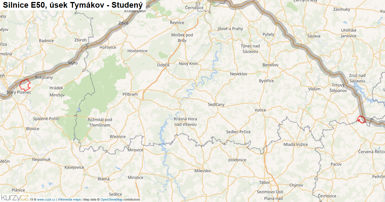 Úsek Tymákov - Studený, Silnice E50 - Mapa