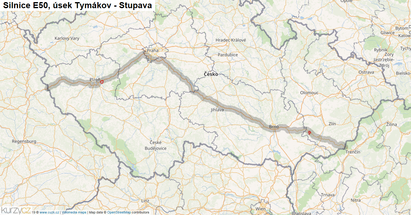 Úsek Tymákov - Stupava, Silnice E50 - Mapa