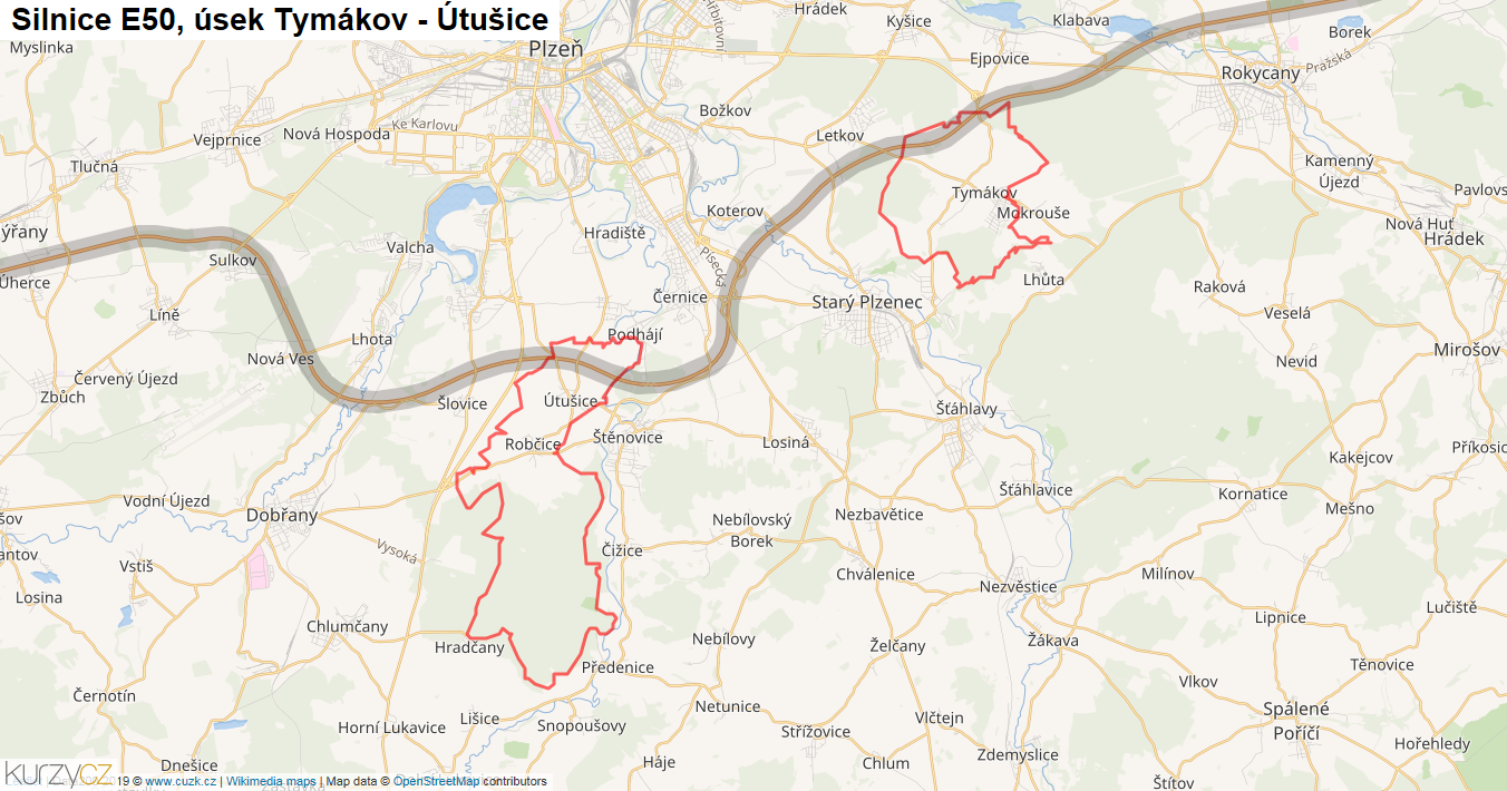Úsek Tymákov - Útušice, Silnice E50 - Mapa