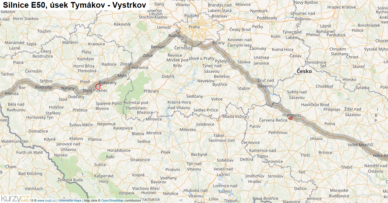 Úsek Tymákov - Vystrkov, Silnice E50 - Mapa