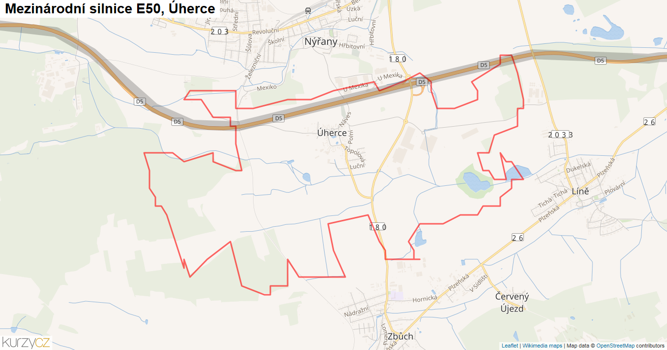 Úherce, Silnice E50 - Mapa