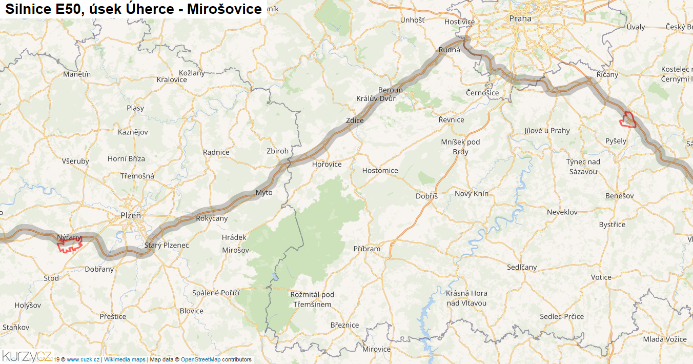 Úsek Úherce - Mirošovice, Silnice E50 - Mapa