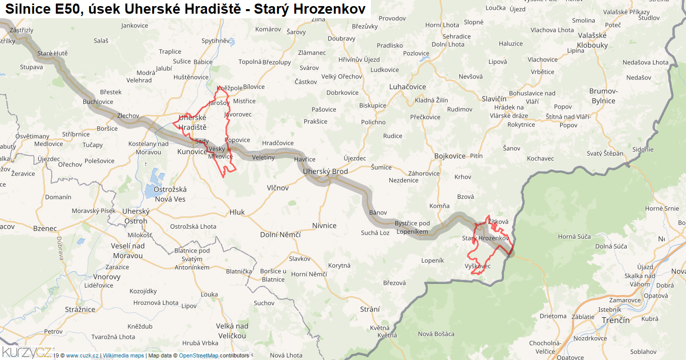 Úsek Uherské Hradiště - Starý Hrozenkov, Silnice E50 - Mapa