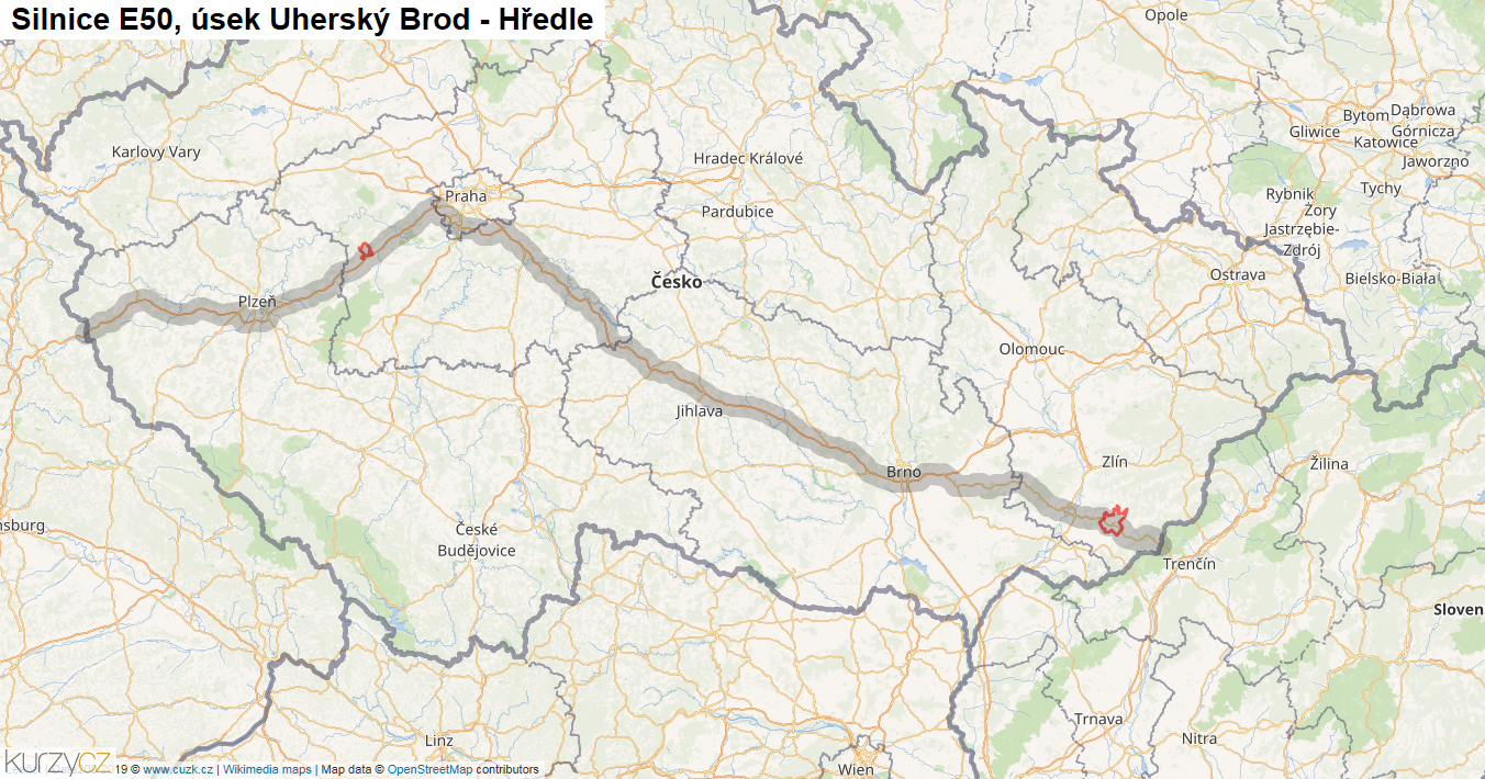 Úsek Uherský Brod - Hředle, Silnice E50 - Mapa