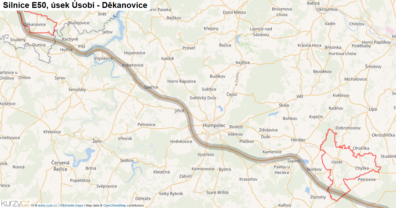 Úsek Úsobí - Děkanovice, Silnice E50 - Mapa