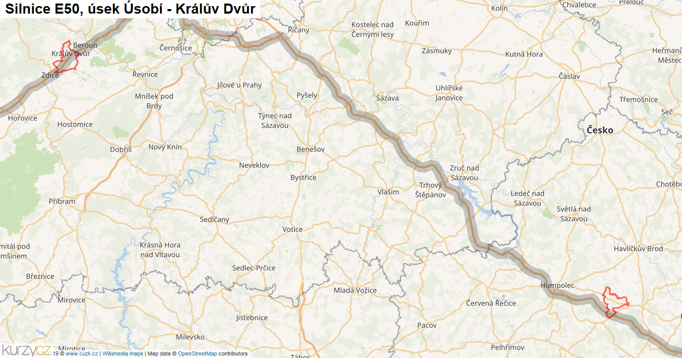 Úsek Úsobí - Králův Dvůr, Silnice E50 - Mapa