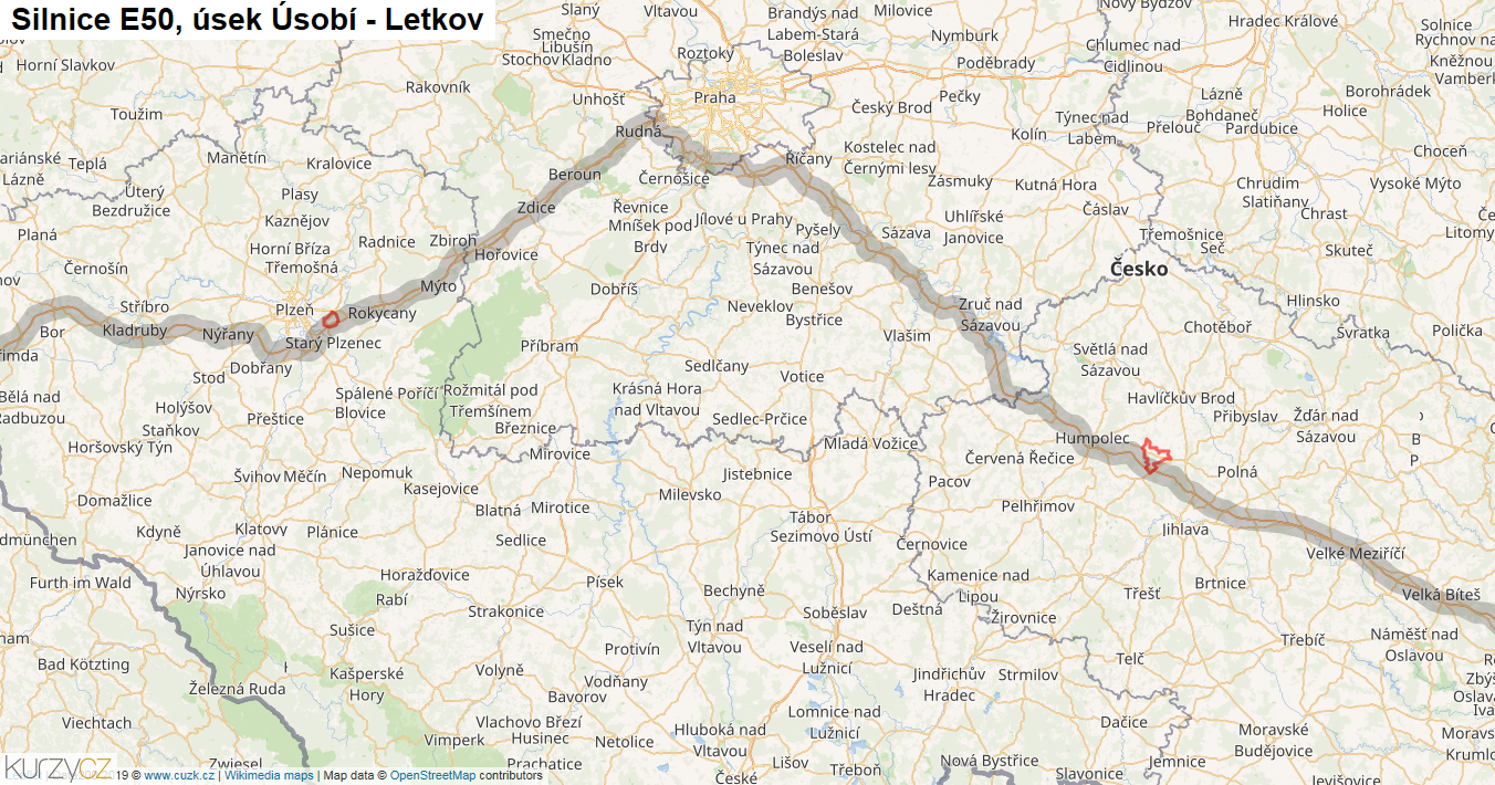 Úsek Úsobí - Letkov, Silnice E50 - Mapa