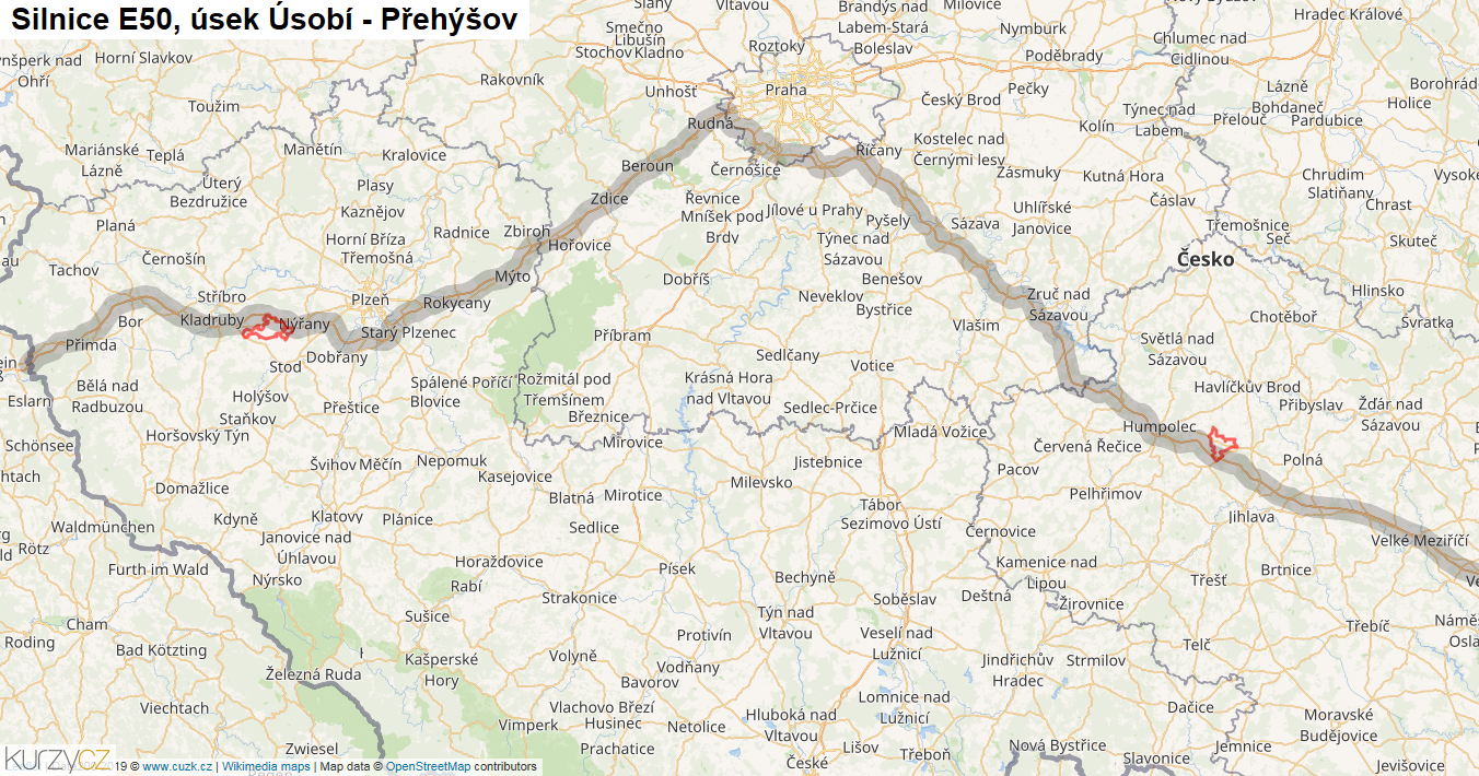 Úsek Úsobí - Přehýšov, Silnice E50 - Mapa