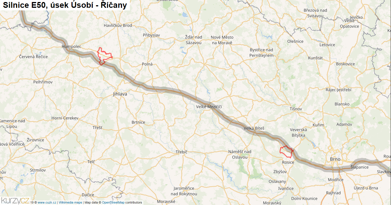 Úsek Úsobí - Říčany, Silnice E50 - Mapa