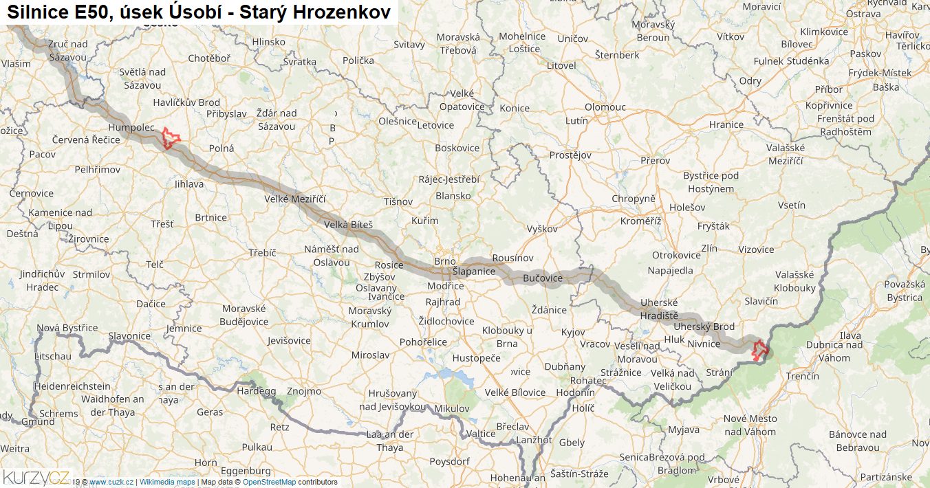 Úsek Úsobí - Starý Hrozenkov, Silnice E50 - Mapa