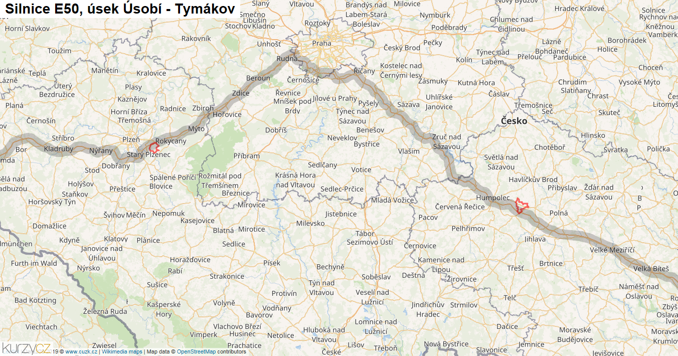 Úsek Úsobí - Tymákov, Silnice E50 - Mapa