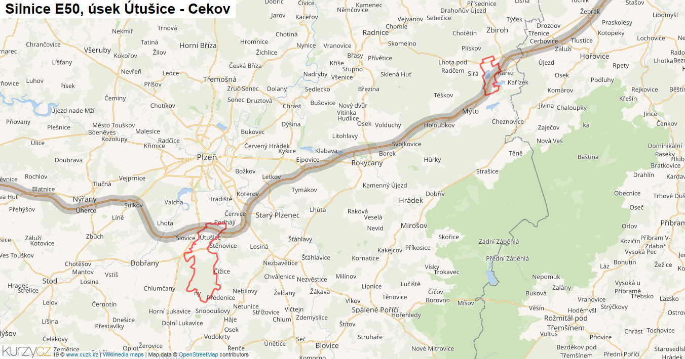 Úsek Útušice - Cekov, Silnice E50 - Mapa