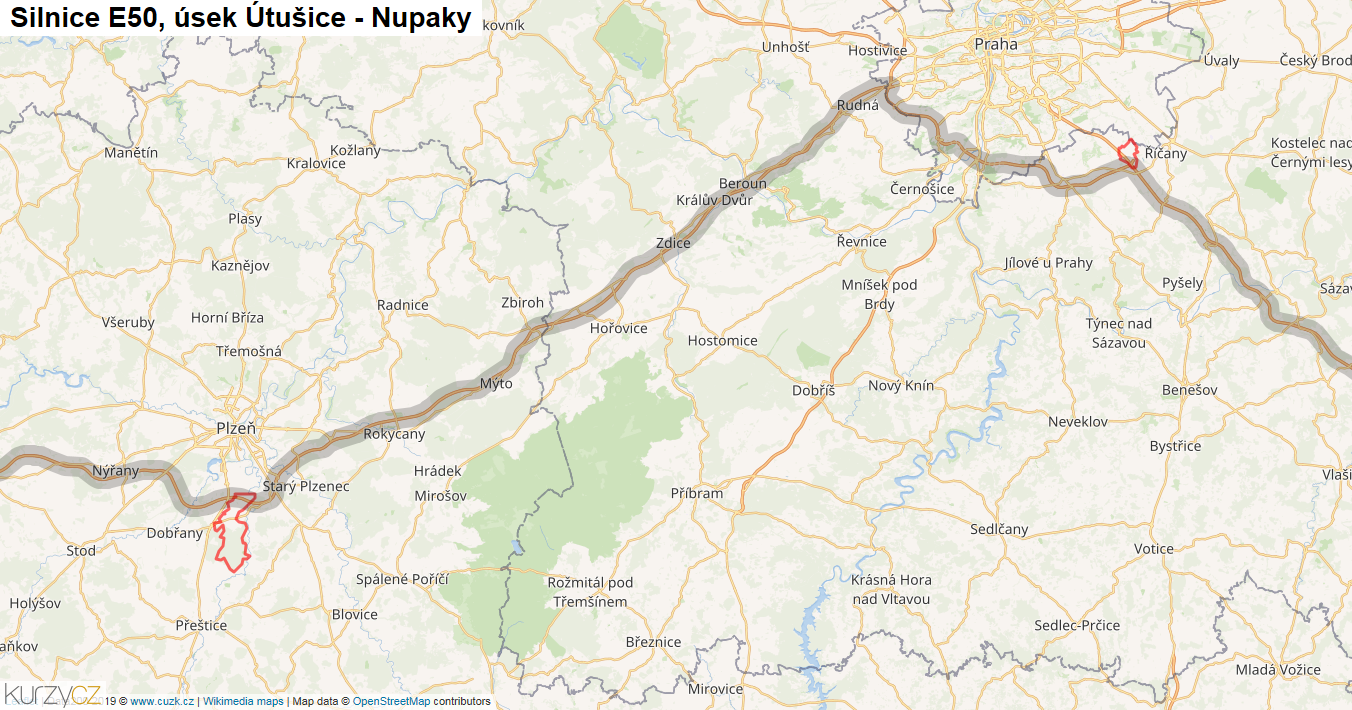 Úsek Útušice - Nupaky, Silnice E50 - Mapa