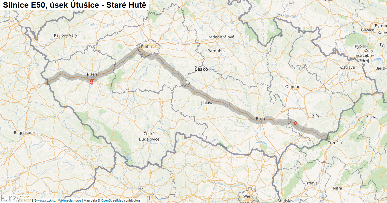 Úsek Útušice - Staré Hutě, Silnice E50 - Mapa