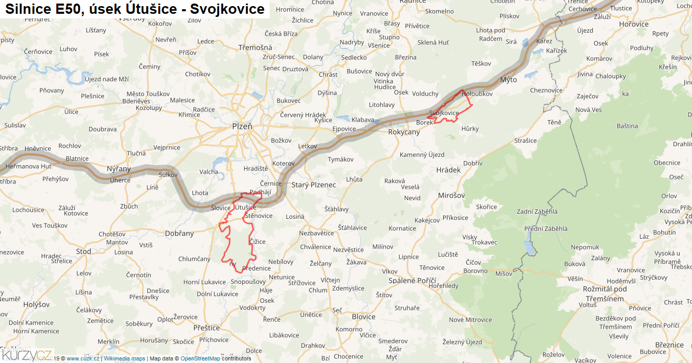 Úsek Útušice - Svojkovice, Silnice E50 - Mapa