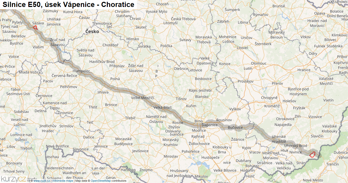 Úsek Vápenice - Choratice, Silnice E50 - Mapa
